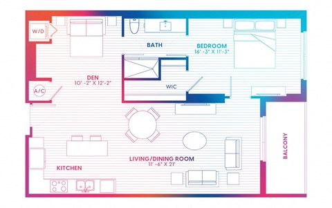 Floor plan for 1 bed, 1 bath, 916 sqft